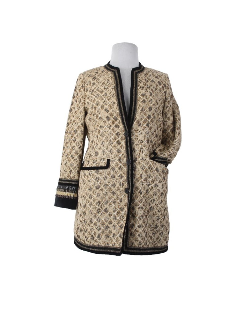 Chicos Jacket Sz 2 Tan Black Buttons Pockets Rayon Polyester Metallic Jacket - Picture 2 of 10